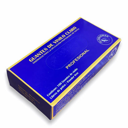 Globusman guante mediano de vinilo transparente caja azul 334c